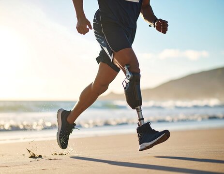 Person with prosthetic leg running on beach