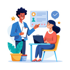 Professional Businesswoman Conducting 1-on-1 Performance Review Meeting in Office – HR Evaluation, Feedback Session, Employee Performance Discussion Vector