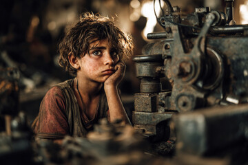 Child labor scene in factory with young worker looking worried and tired amidst old machinery, highlighting hardship and innocence lost in harsh working conditions