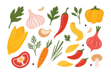 Fresh Harvest: A vibrant assortment of raw, organic vegetables and herbs, freshly picked and ready for a culinary creation, illustrating the bounty of nature's harvest.