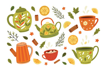 Tea-Time Serenity: A collection of teapots, cups, lemon slices, and spices in a serene still-life setup evokes a sense of calm and warmth.
