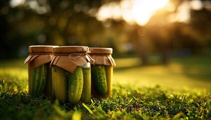 Three glass jars of pickled cucumbers sit on a grassy field, bathed in golden sunlight