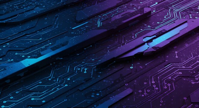 A futuristic motherboard with complex electronic circuits illuminated by glowing blue and purple light. - Powered by Adobe