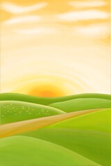 Obraz premium Green fields with sunset illustration style
