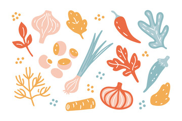 Fresh Culinary Collection: A vibrant collection of fresh ingredients, illustrating the natural beauty of fresh herbs, spices and vegetables. The illustration style reflects a healthy.