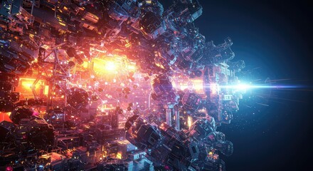 Complex futuristic structure with glowing lights and intricate details in a dark environment