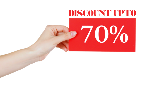 Female hand holding a red '70% OFF' discount card, isolated on transparent background.