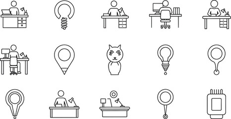 Office and workplace icons a set of vector representing various aspects of office work, desk, and workplace