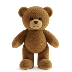 Fototapeta premium A fluffy brown teddy bear with black eyes and a brown nose stands on a white background, looking forward.