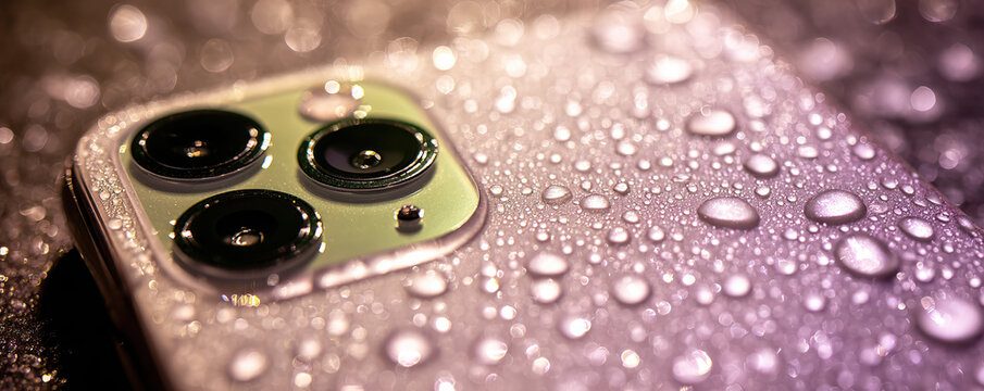 Droplets of water reflecting light on a smartphone with a sleek design resting on a surface - Powered by Adobe