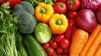 A colorful assortment of vegetables including broccoli, bell peppers, tomatoes, and carrots, arranged on a white background.
