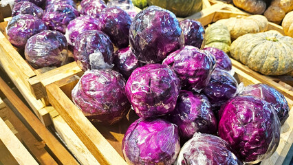 Purple Cabbage Market Display: An eye-level shot captures an array of vibrant purple cabbages in a wooden crate, inviting consumers to appreciate the visual harmony of nature’s bounty.