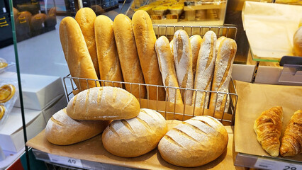Freshly Baked Delights: A showcase of artisan bread, from crusty baguettes to hearty loaves, artfully arranged in a warm and inviting display.