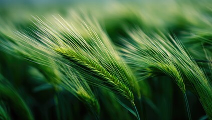 Close-up of vibrant green wheat stalks, blowing gently in the breeze