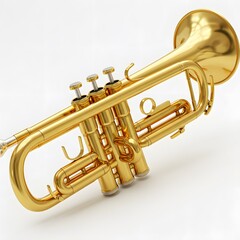 Obraz premium Golden brass trumpet, gleaming in the light, a symbol of musical expression and artistic performance.