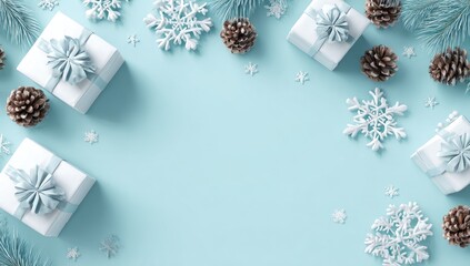 Light-blue, minimalist holiday background with gifts, snowflakes, and pine cones