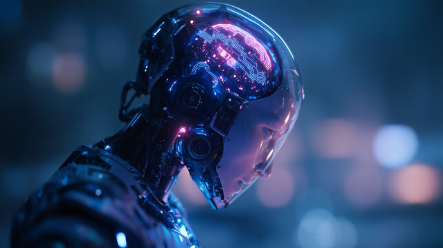 Futuristic humanoid robot with illuminated brain and cybernetic components in sci-fi environment - Powered by Adobe