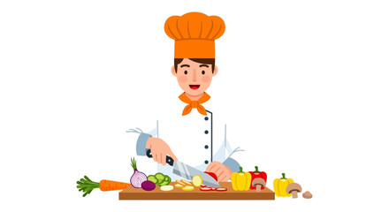 Professional cook cutting vegetables for preparing healthy meal illustration for gastronomy concept, culinary arts and healthy food preparation