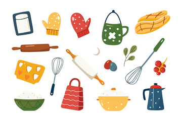 Culinary Essentials: An illustrated array of essential kitchen tools, baking ingredients, and culinary accessories artfully arranged, offering a cheerful view into the art of cooking and baking.