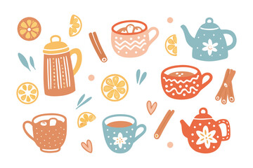 Cozy Warm Drinks Collection:  An inviting set of hand-drawn illustrations featuring mugs, teacups, teapots, and complementary ingredients, celebrating the warmth and comfort of hot beverages.