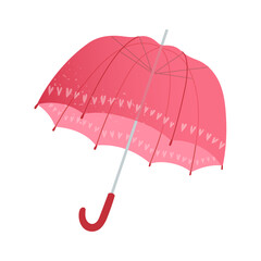 Vector illustration of a pink umbrella with heart pattern. Cute autumn accessory for rainy weather. Textured flat style with cozy vibe. Hand drawn design element for seasonal prints and decoration