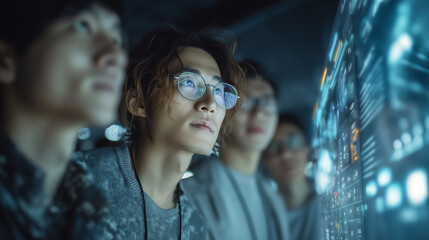 Group of young professionals analyzing futuristic digital interface in high-tech environment