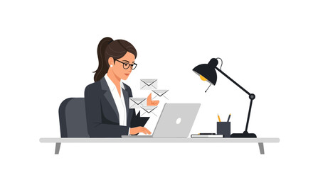 Professional Woman Handling Incoming Emails at her Desk with Laptop and Lamp in Modern Illustration Style