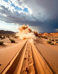 Dusty desert track, dramatic sky