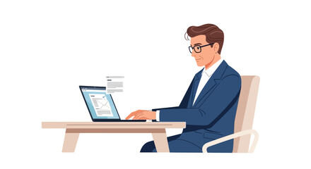 Professional man analyzing business analytics on his laptop, isolated on white, showcasing focused financial analysis and data-driven decision