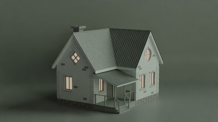 Small Rustic House with Warm Lighting Against a Neutral Background