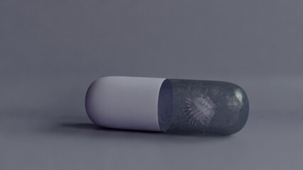 Conceptual 3D illustration of a large capsule pill encasing a virus-like structure, symbolizing medical treatment, disease containment, or pharmaceutical response.