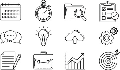 Icons representing a calendar, stopwatch, folder, clipboard, chat bubble, light bulb, cloud, gear, document, briefcase, graph, and target