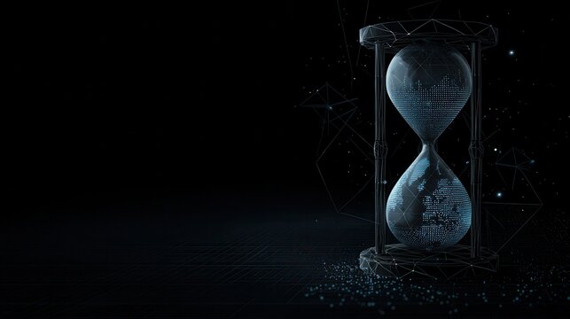 High quality photo of idea of technology constantly improving, shown by a traditional hourglass with the world and computer code inside.low poly digital wireframe.