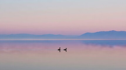 Calm lake, two birds, serene sunrise