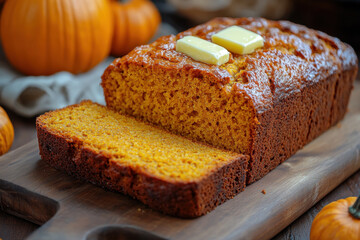 Pumpkin bread topped with butter, enticingly displayed.