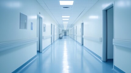 A clean, empty hospital hallway with blue walls and white ceiling lights.