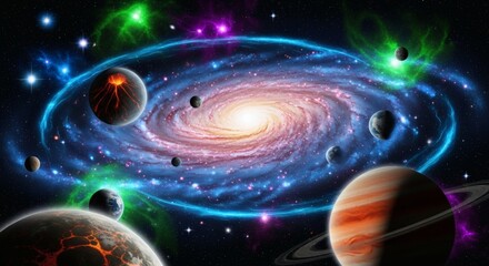A cosmic illustration of a glowing spiral galaxy surrounded by various planets, stars, and colorful nebulae.