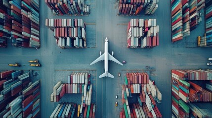A white airplane flying over a large container yard with colorful containers and trucks.