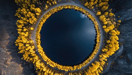 Circular lake surrounded by vibrant yellow trees, night sky reflected