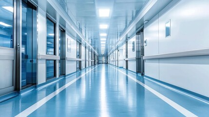 A clean, empty hospital hallway with blue and white walls, white doors, and a glass door on the right.