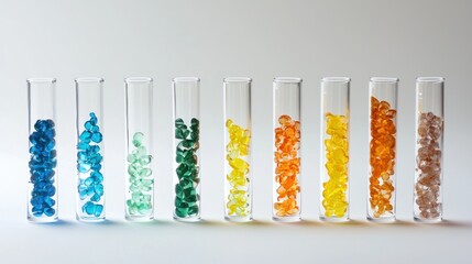 A row of colorful test tubes filled with various colored crystals, arranged in a rainbow pattern.