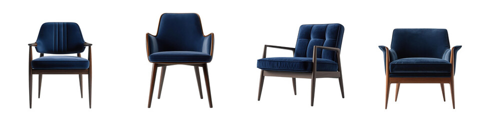 Fototapeta premium Set of elegant navy velvet dining chairs with wood finish isolated on transparent background.