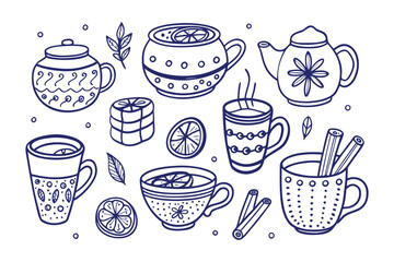 Cozy Collection: A delightful assortment of illustrated tea cups and tea pots with aesthetic decoration evoking comfort and tranquility.