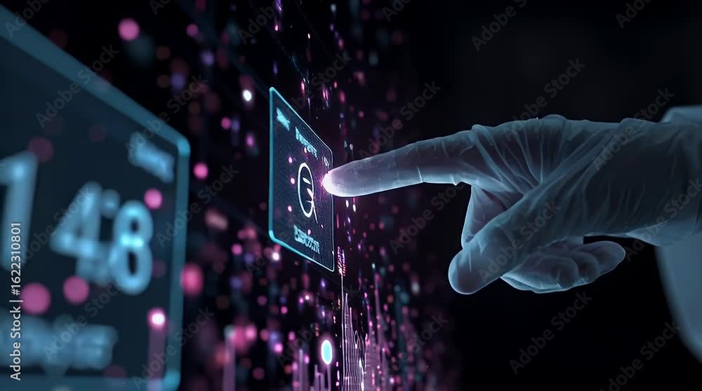 Poster futuristic hand interacting with digital data and colorful visual elements