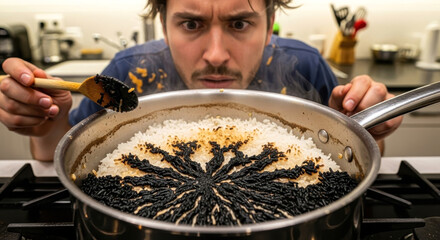 Funny Man Shocked by Burnt Rice in a Pot After Bad Cooking Attemp