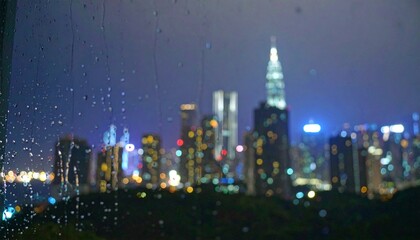 Fototapeta premium Condensation, steam, droplets, mist — moisture accumulates on a glass window, forming a foggy surface due to temperature difference, while a dark city skyline with glowing skyscrapers blurs in the bac