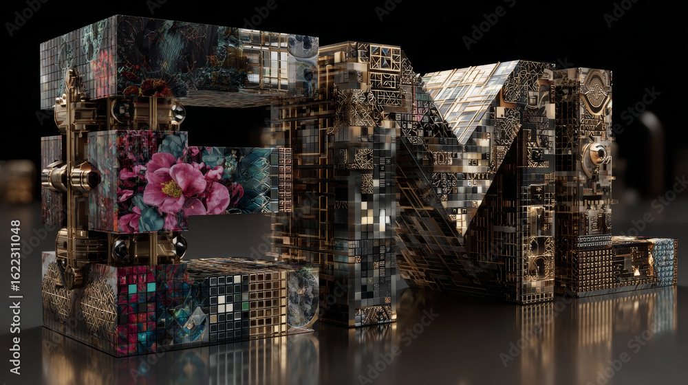 Poster english font from abstract square elements in the form of a mosaic and pixel letters of the alphabet
