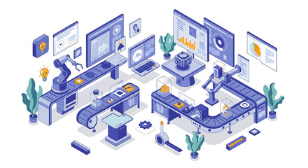 Obraz premium Isometric smart factory with an automated production line, robotic arms, and digital data analysis dashboards for modern manufacturing.
