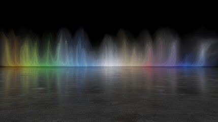 A digital rendering of a fountain with multiple streams of water in various colors.