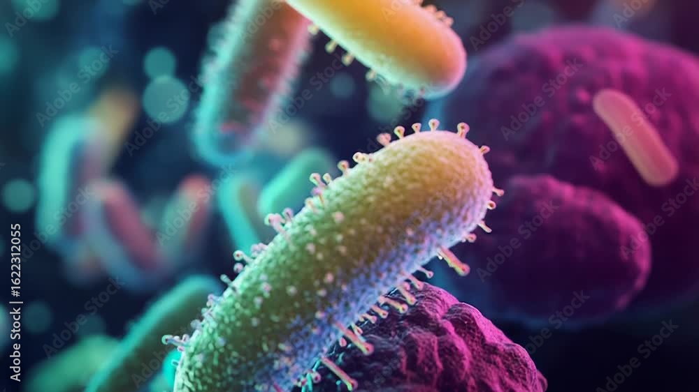 Poster microscopic view of bacteria attacking a cell